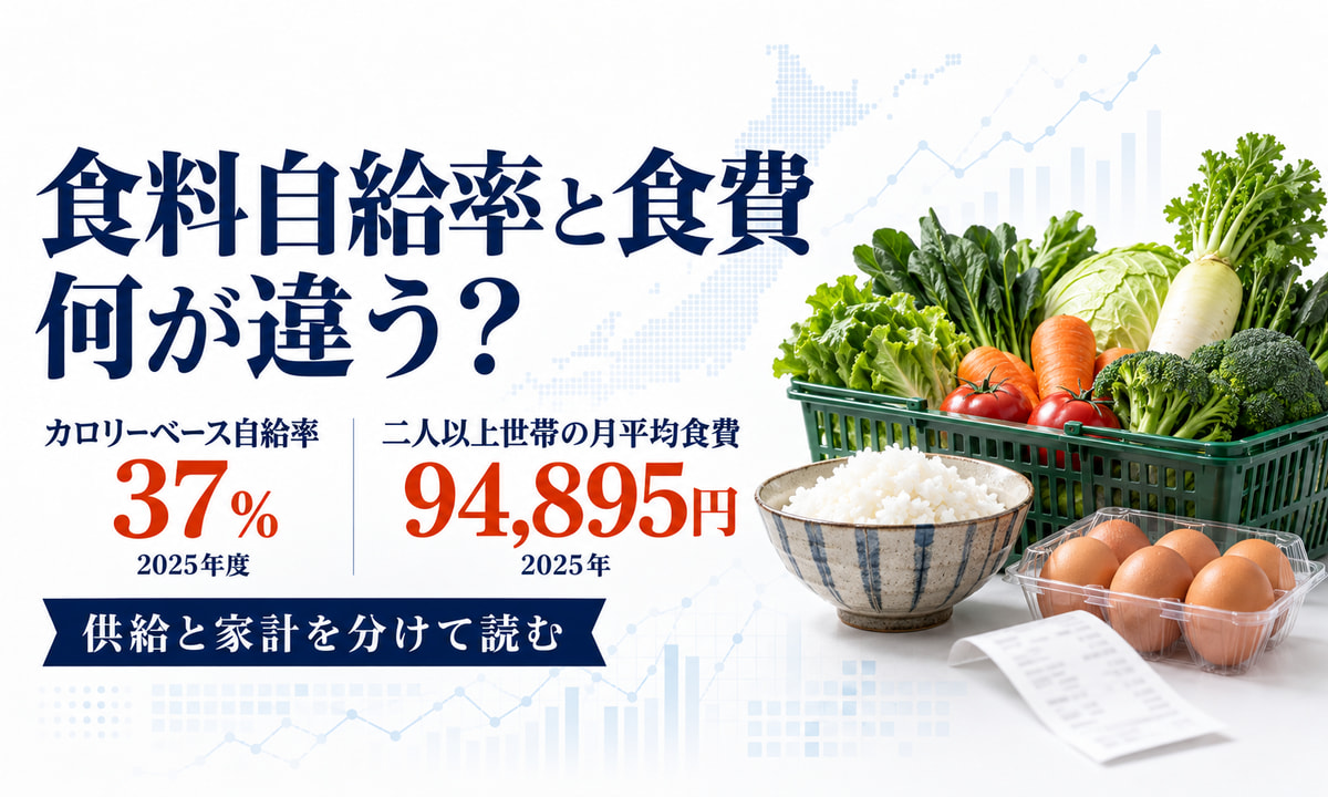 食料自給率と二人以上世帯の食料支出を比較する図